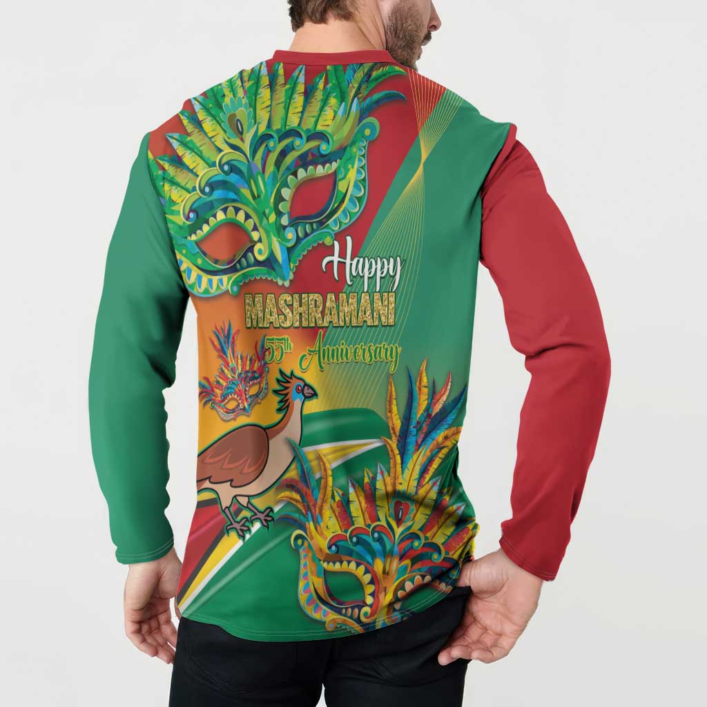 Back button sweatshirt on model, Happy Mashramani 55th Anniversary colorful design