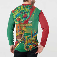 Back button sweatshirt on model, Happy Mashramani 55th Anniversary colorful design