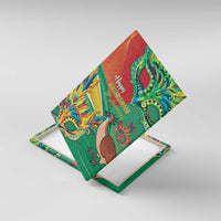 Rolled corner view of Mashramani canvas wall art, green background with bird and decorative motifs