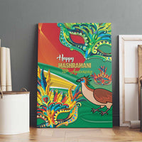 Mashramani canvas wall art with “Happy Mashramani” text, green and red, bird and banners