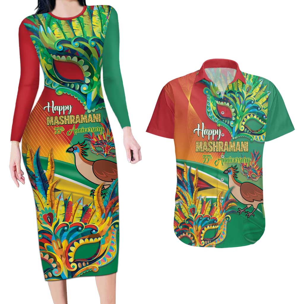 Guyana Republic Day Couples Matching Long Sleeve Bodycon Dress and Hawaiian Shirt Happy Mashramani 55th Anniversary