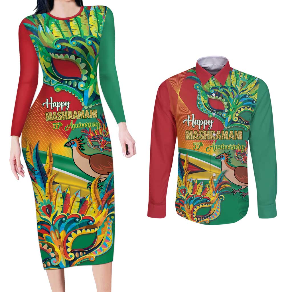 Guyana Republic Day Couples Matching Long Sleeve Bodycon Dress and Long Sleeve Button Shirt Happy Mashramani 55th Anniversary