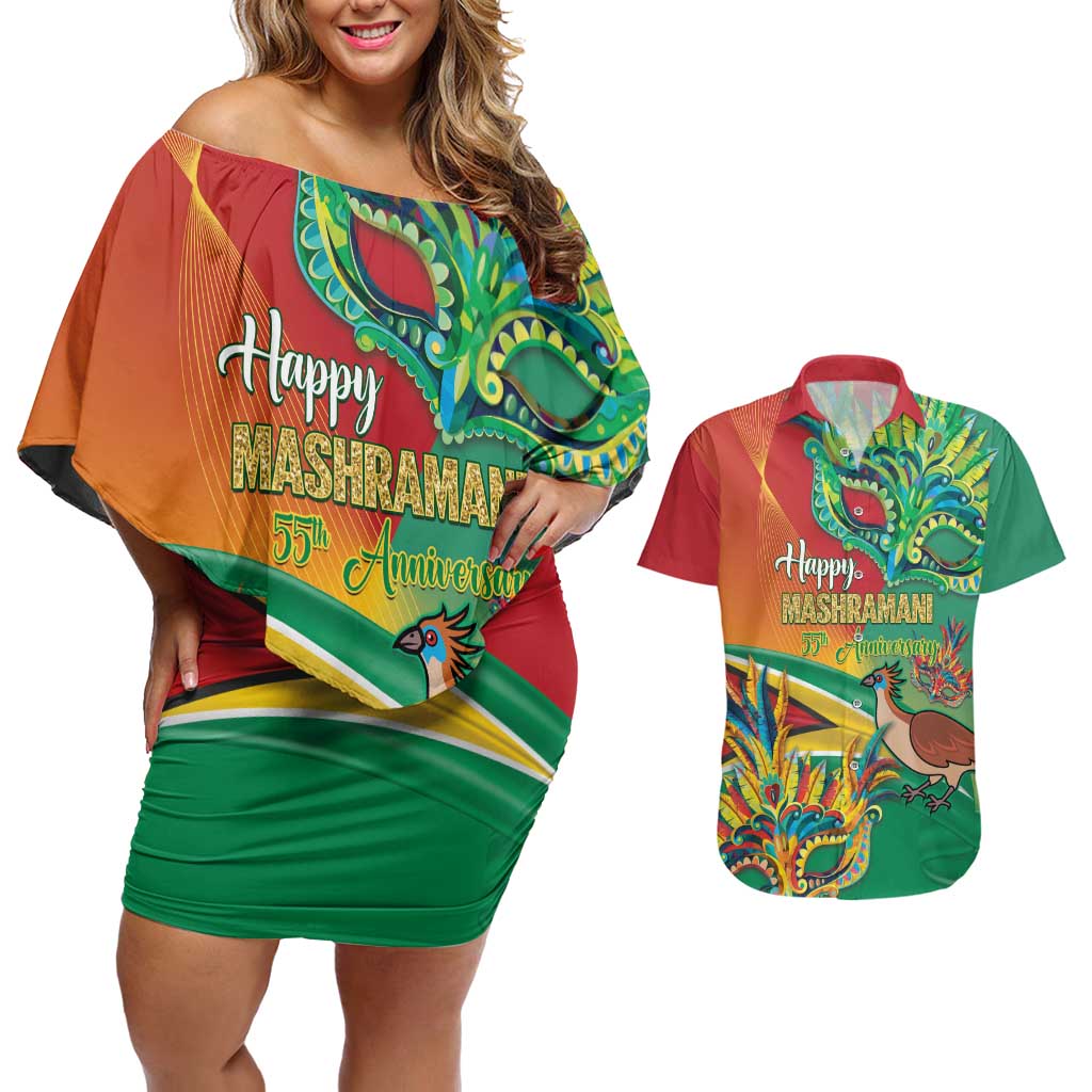 Guyana Republic Day Couples Matching Off Shoulder Short Dress and Hawaiian Shirt Happy Mashramani 55th Anniversary