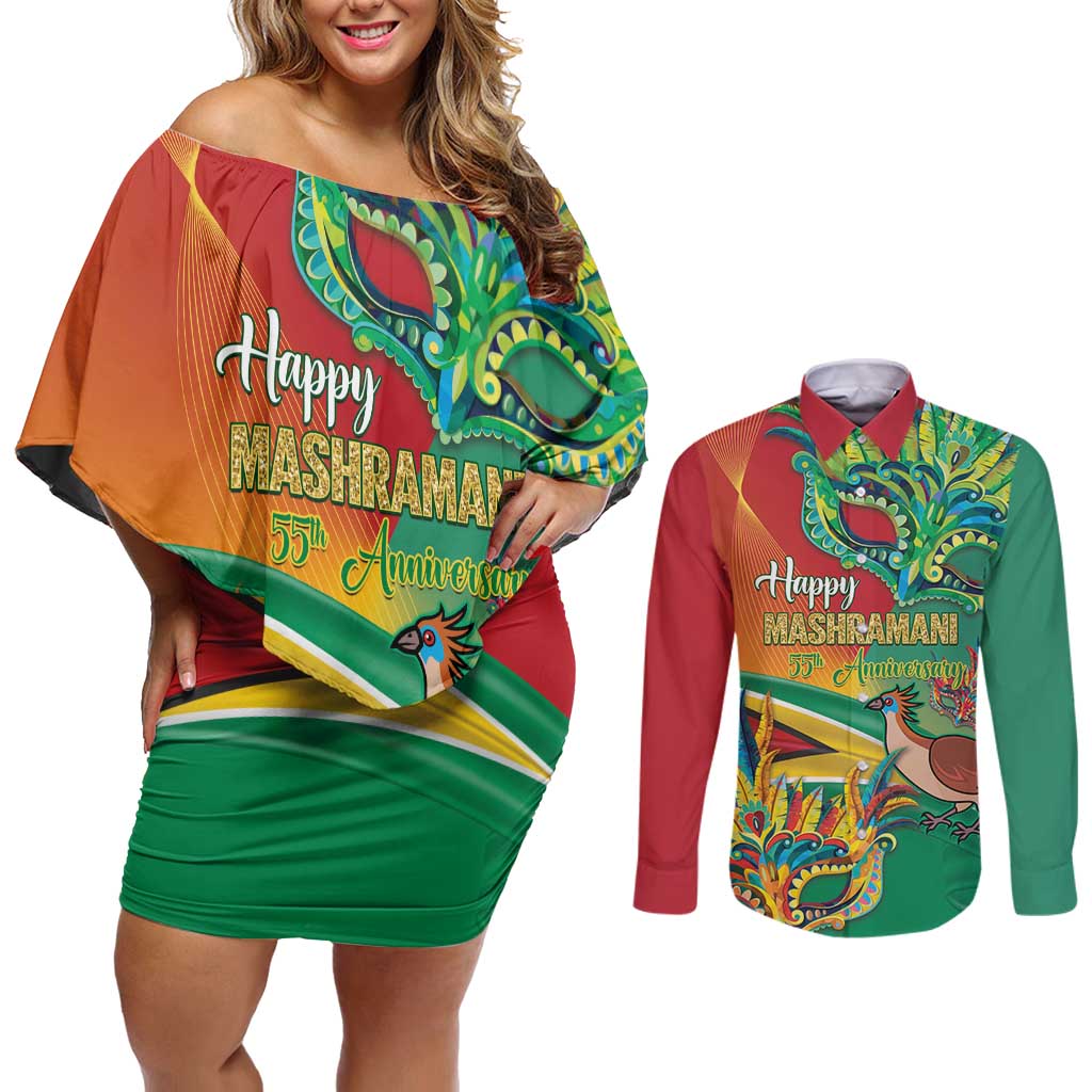 Guyana Republic Day Couples Matching Off Shoulder Short Dress and Long Sleeve Button Shirt Happy Mashramani 55th Anniversary