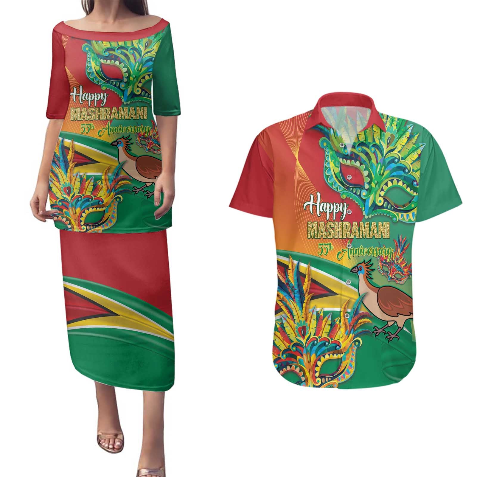 Guyana Republic Day Couples Matching Puletasi and Hawaiian Shirt Happy Mashramani 55th Anniversary