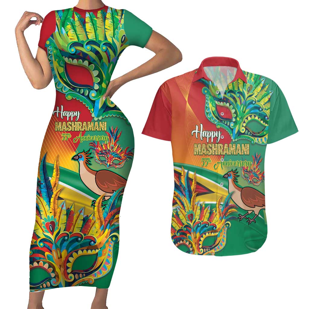 Guyana Republic Day Couples Matching Short Sleeve Bodycon Dress and Hawaiian Shirt Happy Mashramani 55th Anniversary