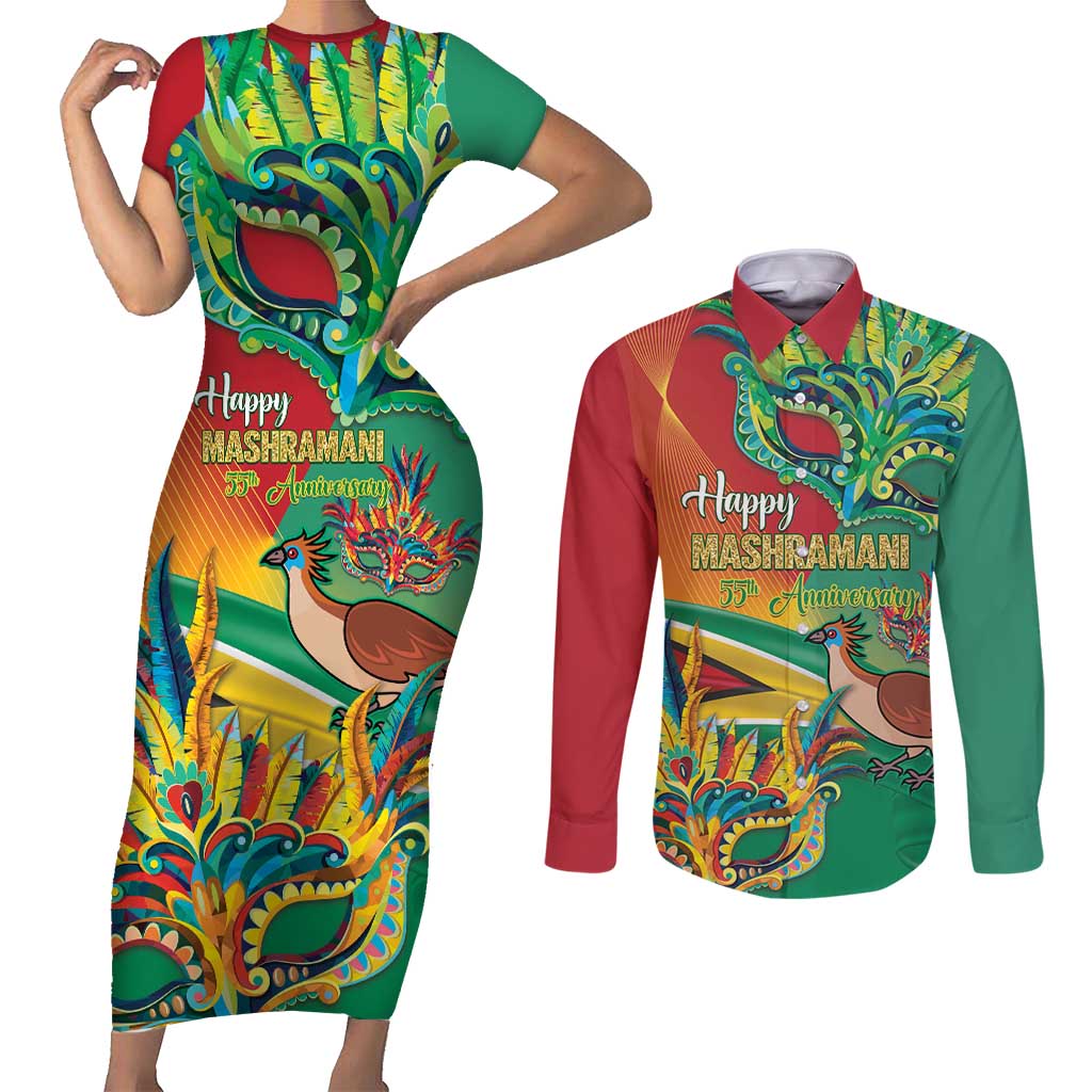 Guyana Republic Day Couples Matching Short Sleeve Bodycon Dress and Long Sleeve Button Shirt Happy Mashramani 55th Anniversary