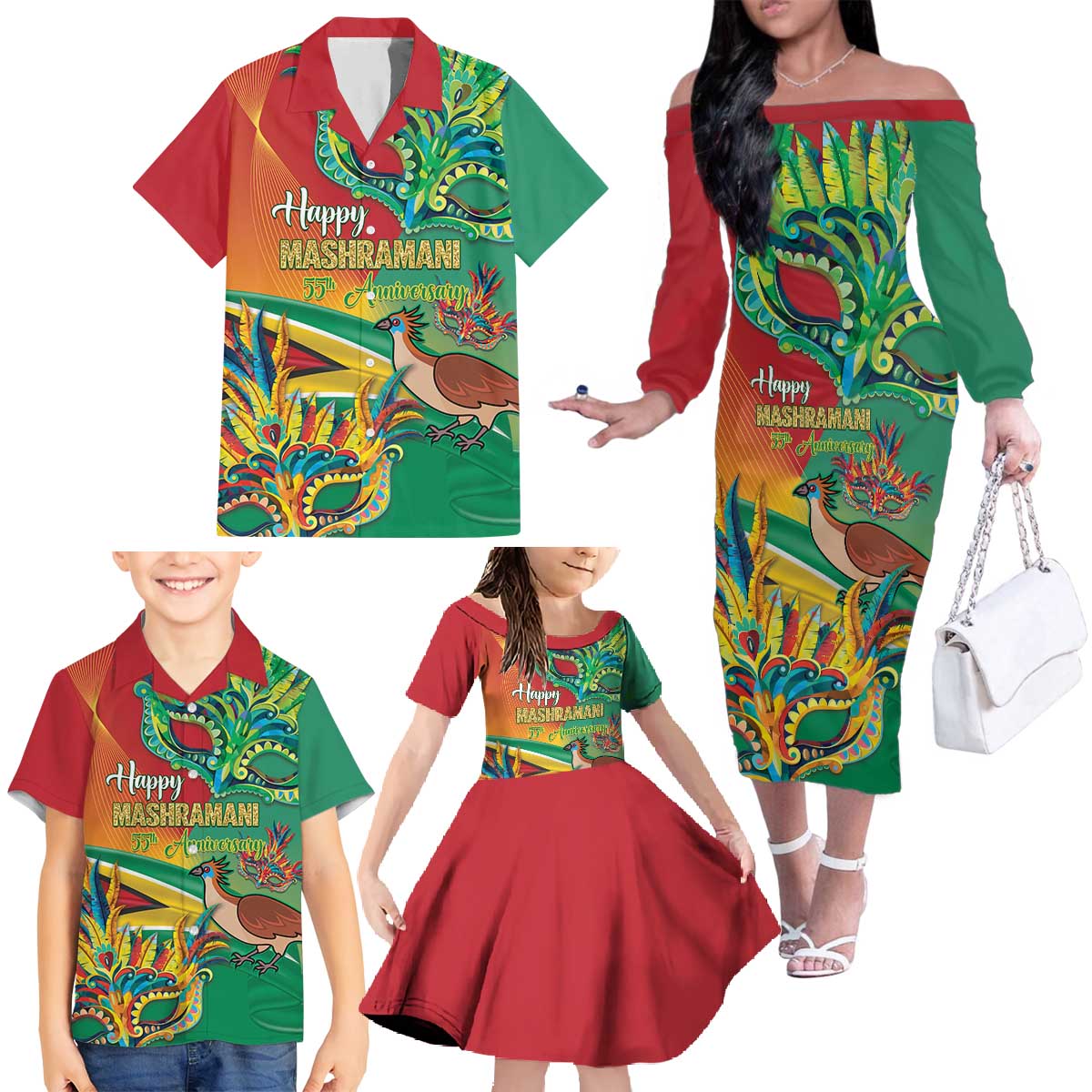 Guyana Republic Day Family Matching Off The Shoulder Long Sleeve Dress and Hawaiian Shirt Happy Mashramani 55th Anniversary