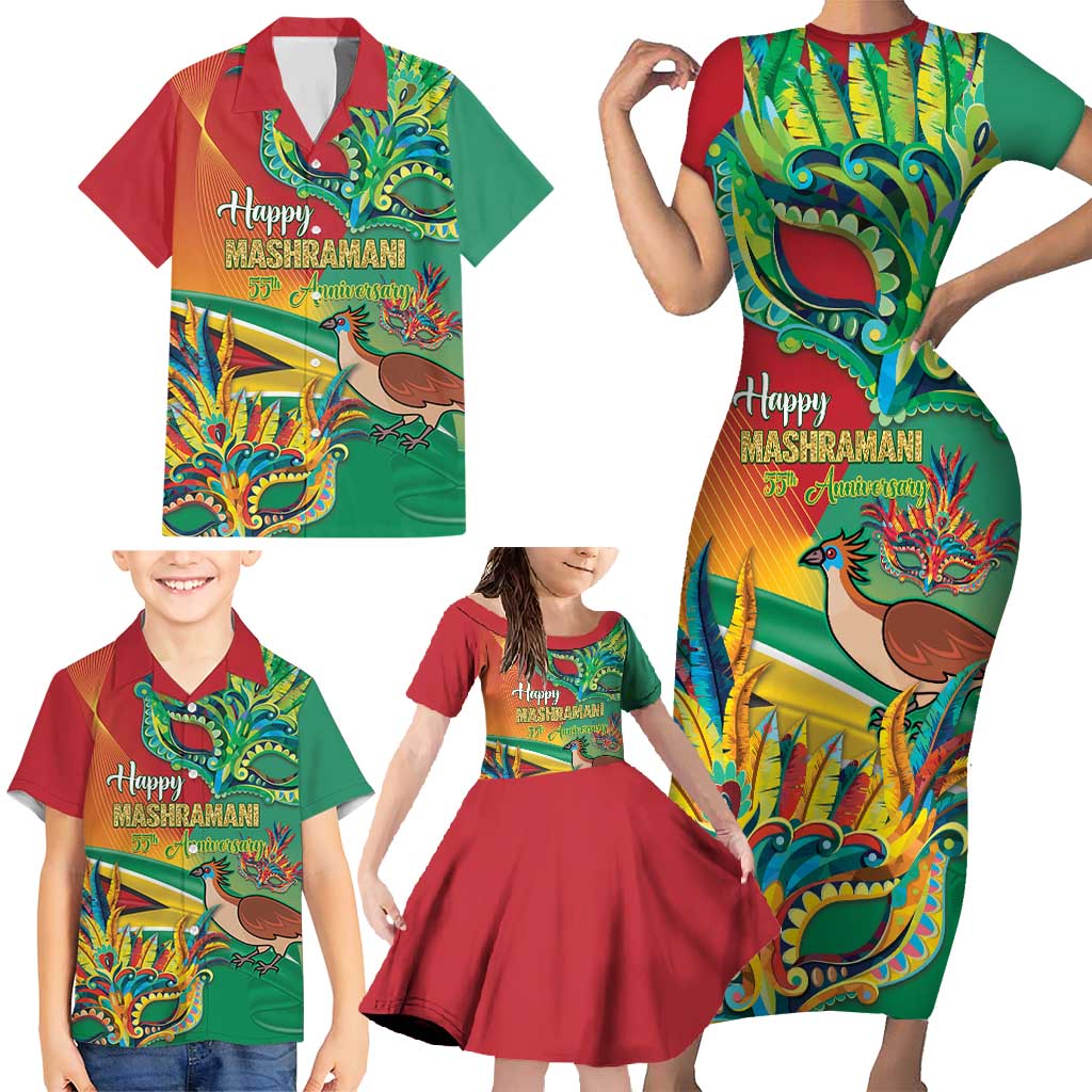 Guyana Republic Day Family Matching Short Sleeve Bodycon Dress and Hawaiian Shirt Happy Mashramani 55th Anniversary