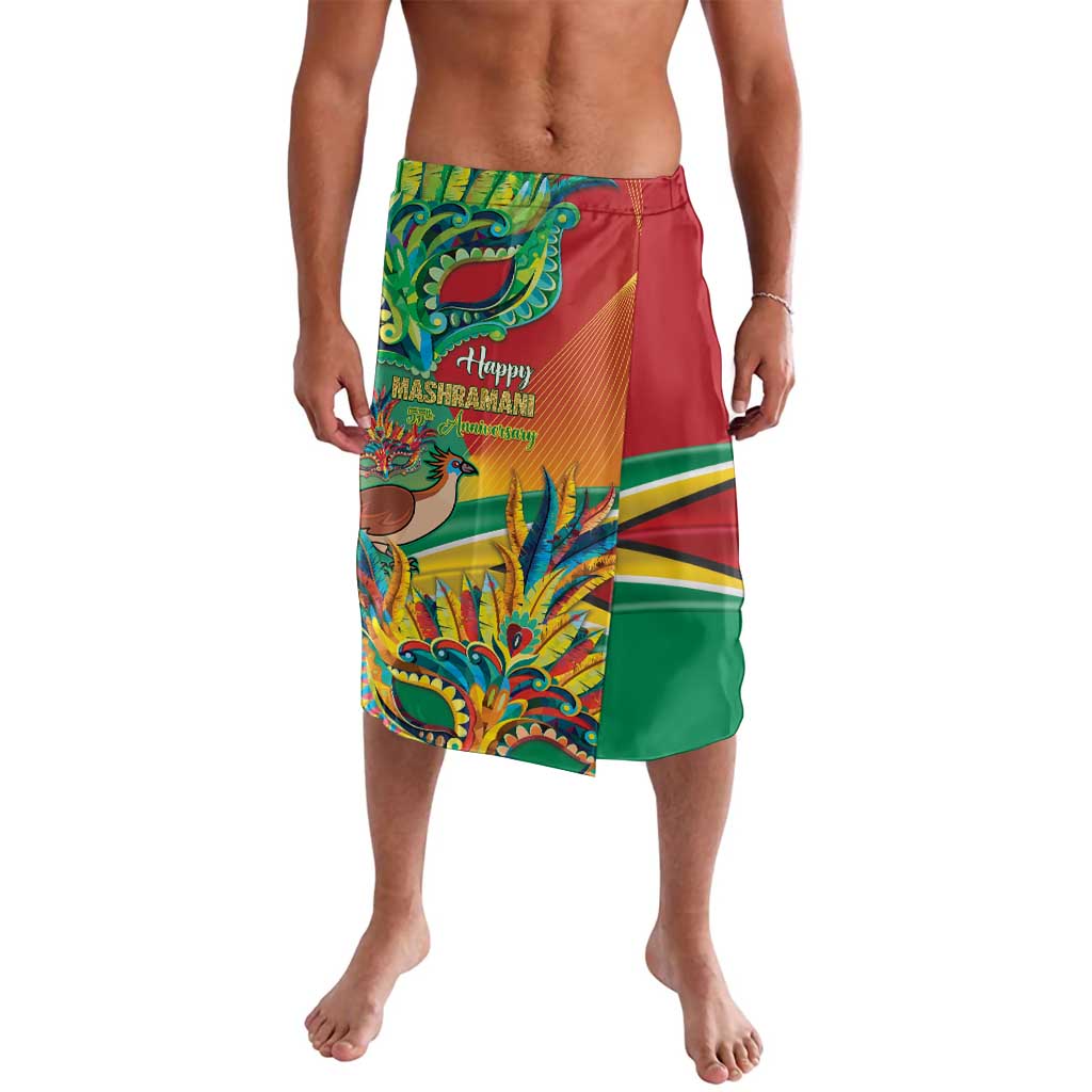Men's printed swim shorts front view in red, yellow, and green with festive artwork