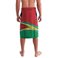 Men's printed swim shorts side view in red with green and yellow stripe details