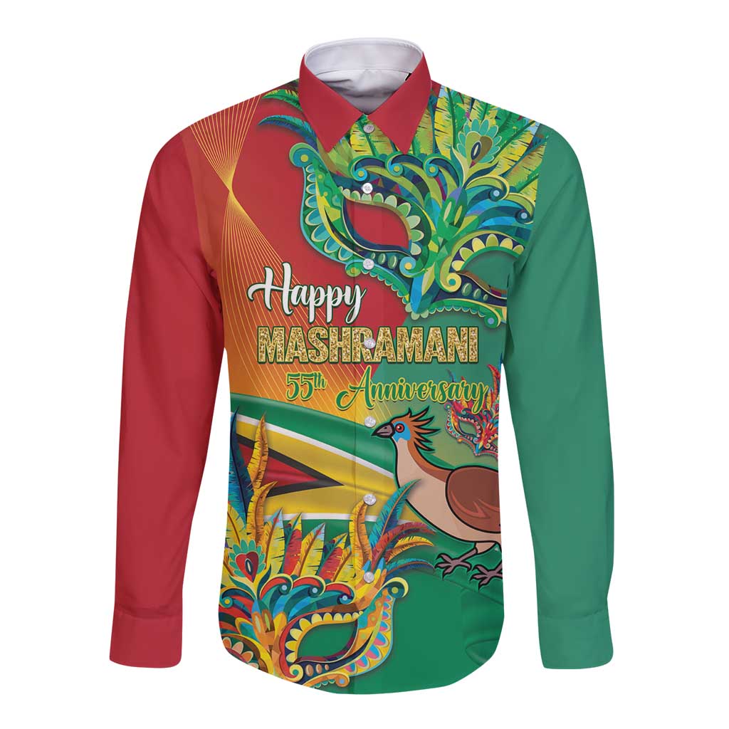 Long-sleeve button shirt with red and green tropical parade print, open collar
