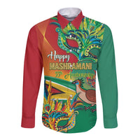 Long-sleeve button shirt with red and green tropical parade print, open collar