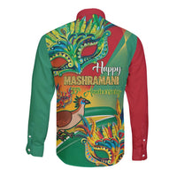 Long-sleeve button shirt with green and red back graphic print and open collar