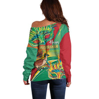 Off-shoulder sweater back with Happy Mashramani design, long sleeves, green and red