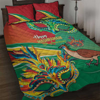 Green and red quilt bed set with decorative bird and Happy Mashramani text on front