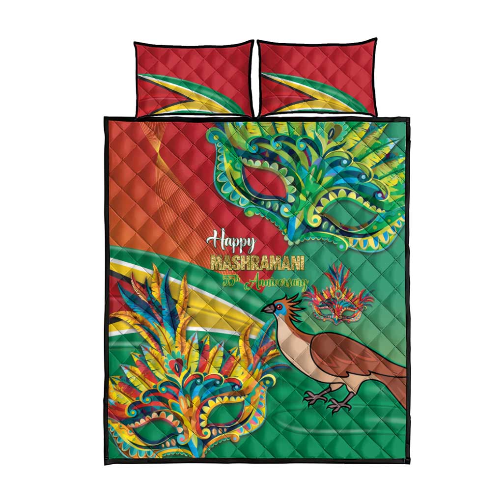 Quilt bed set featuring green quilt, red panels, colorful bird artwork, and Happy Mashramani