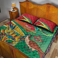 Green quilt bed set with bird and dragon illustrations, red quilted pillows, Happy Mashramani