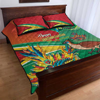 Quilt bed set with green and orange red stripes, colorful bird graphic, and quilted texture