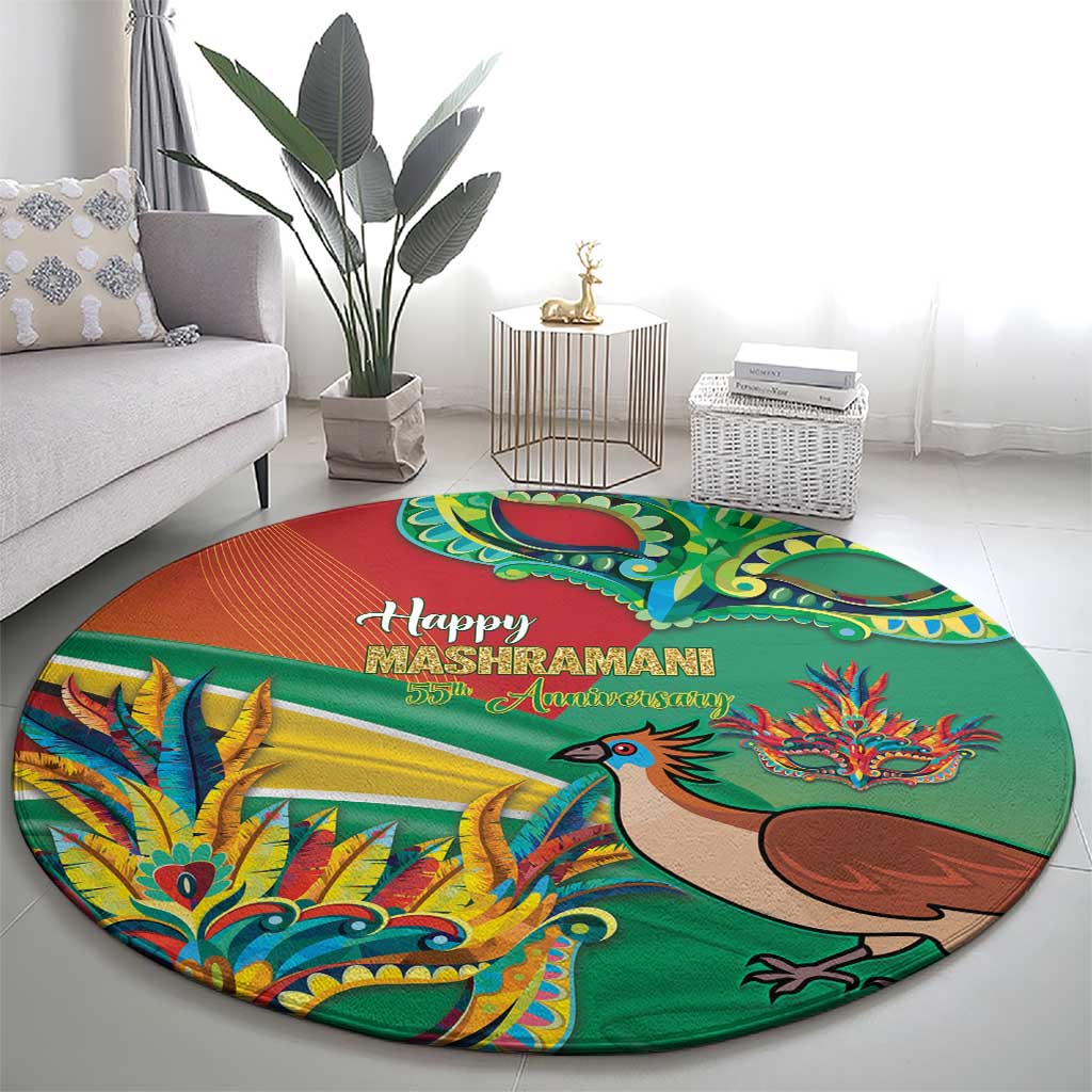 Round decorative carpet with green center, orange stripe, and colorful bird and dragon festive graphic