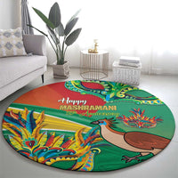 Round decorative carpet with green center, orange stripe, and colorful bird and dragon festive graphic