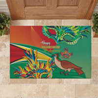 Red rubber doormat with green center, colorful bird and carnival mask artwork