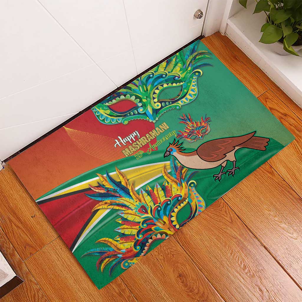 Green rubber doormat with red border, bird and floral carnival illustration