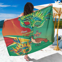 Guyana Republic Day sarong, green/red with festival mask and bird graphics