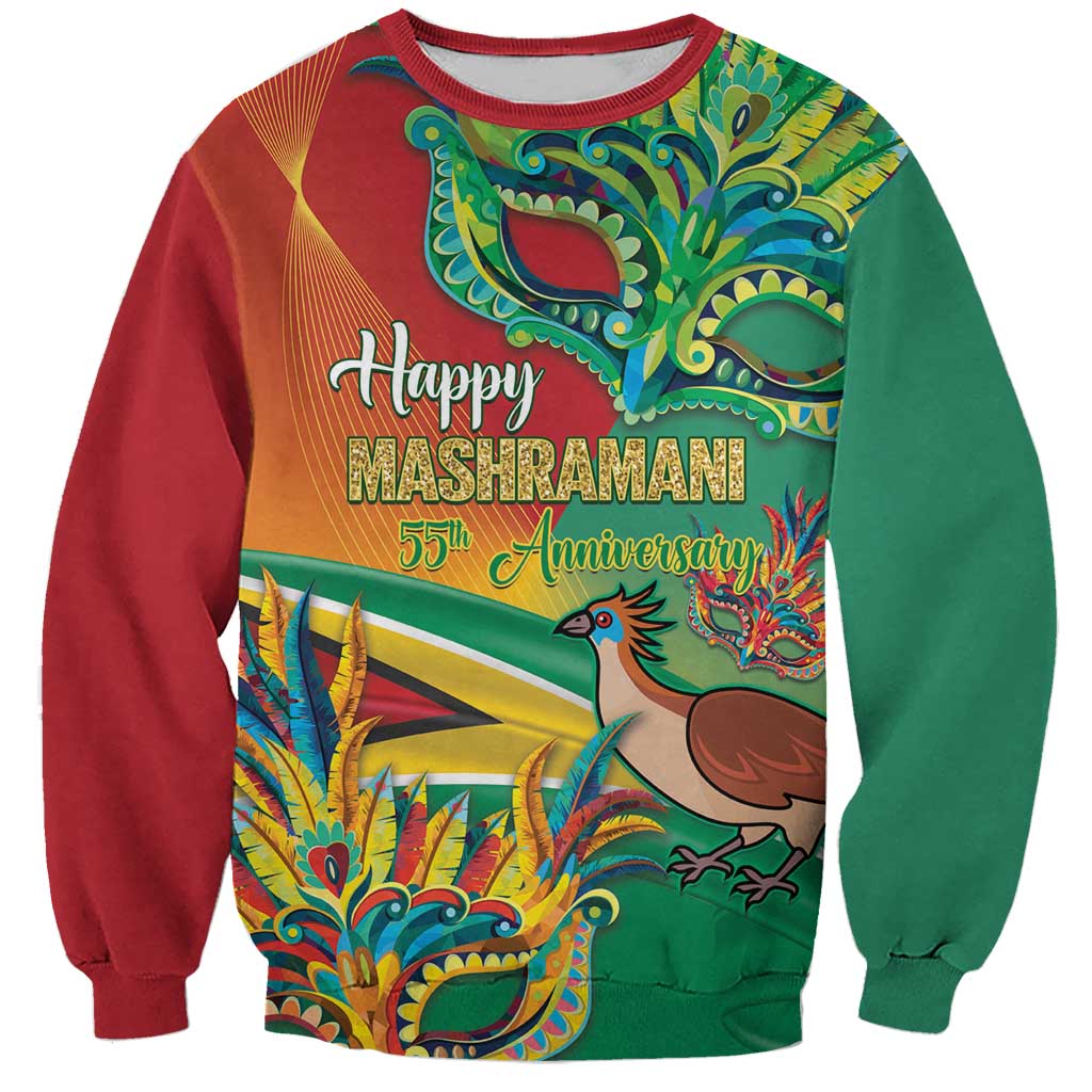 Unisex crewneck sweatshirt with red and green sleeves and colorful Happy Mashramani graphic