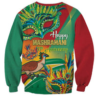 Unisex crewneck sweatshirt with green body, red side sleeves, colorful Happy Mashramani print