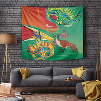 Colorful Happy Mashramani tapestry with carnival mask, bird, and red-green pattern.