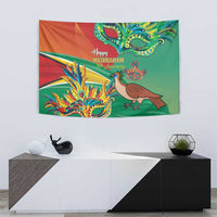 Happy Mashramani tapestry with green mask details and a brown bird near fireworks.