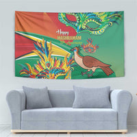 Colorful Happy Mashramani wall tapestry with carnival masks, brown bird, and fireworks.