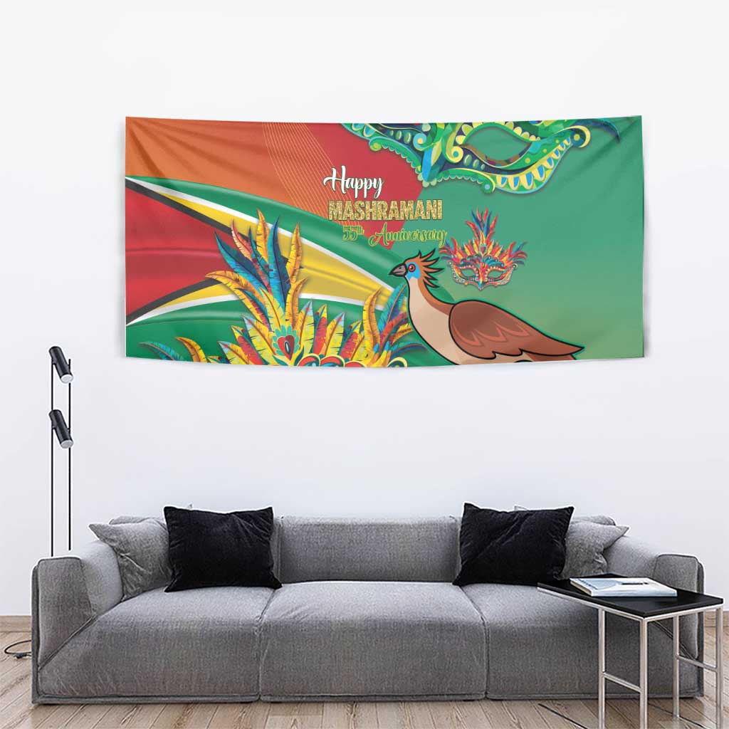 Happy Mashramani tapestry with green mask, brown bird, and bright orange-blue fireworks.