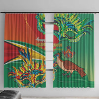Red and green window curtain panels with Guyana-themed bird and mask artwork
