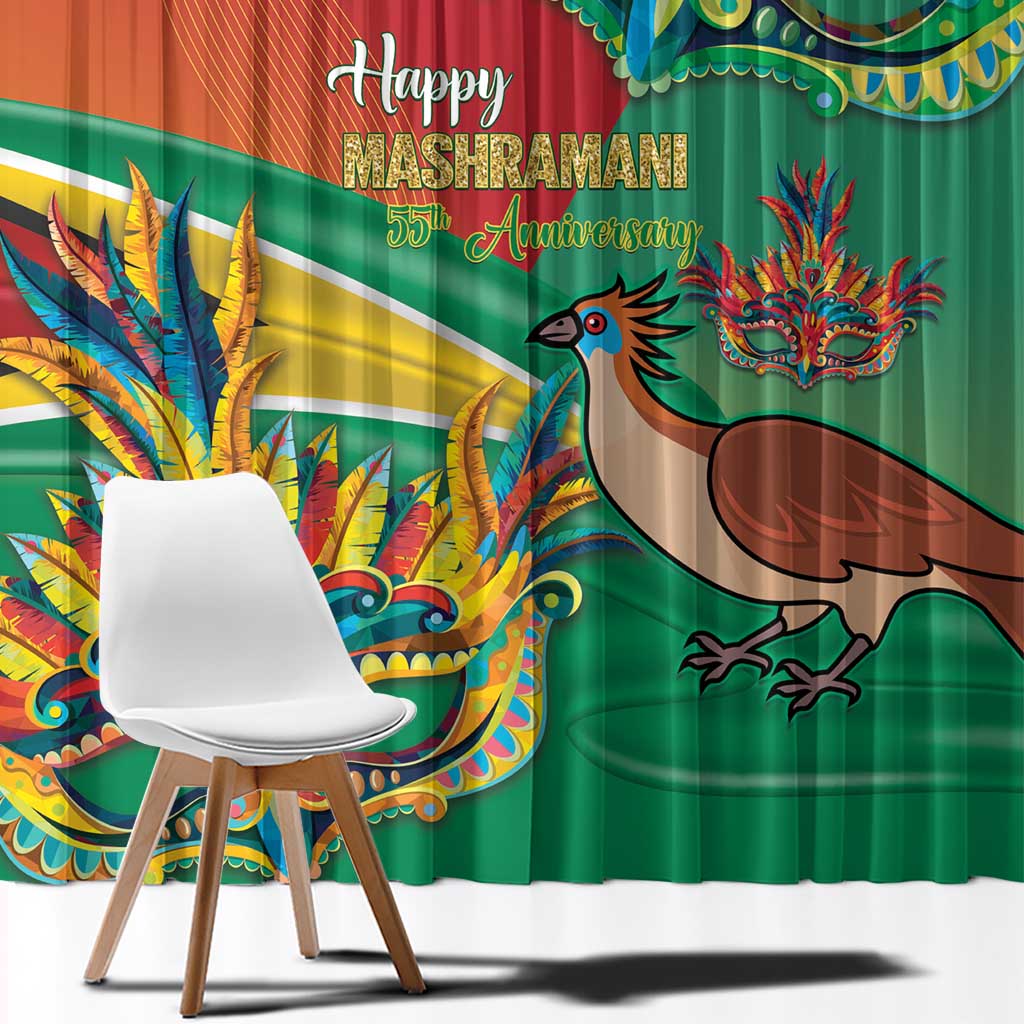 Window curtain with colorful bird, feather motifs, and commemorative 55th print