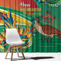 Window curtain with colorful bird, feather motifs, and commemorative 55th print