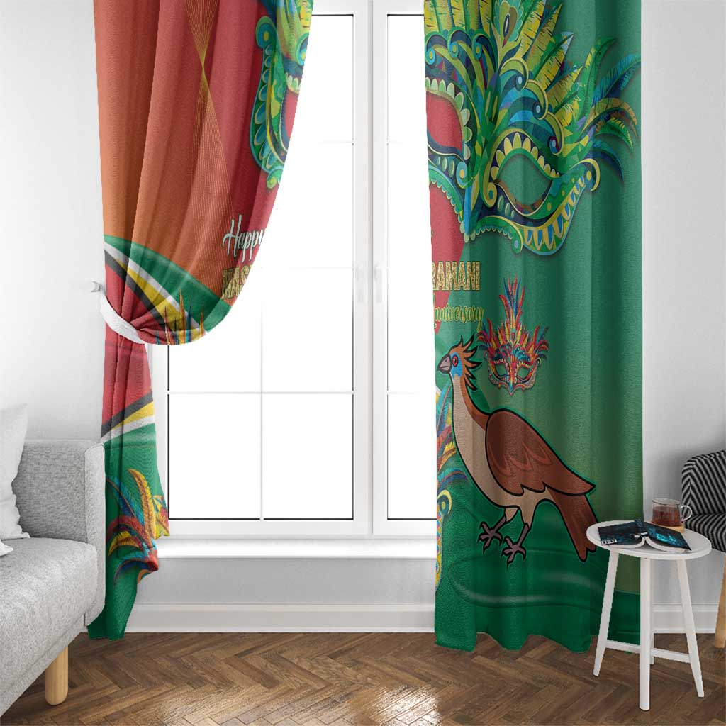 Red and green window curtains with bird and mask graphics over a window