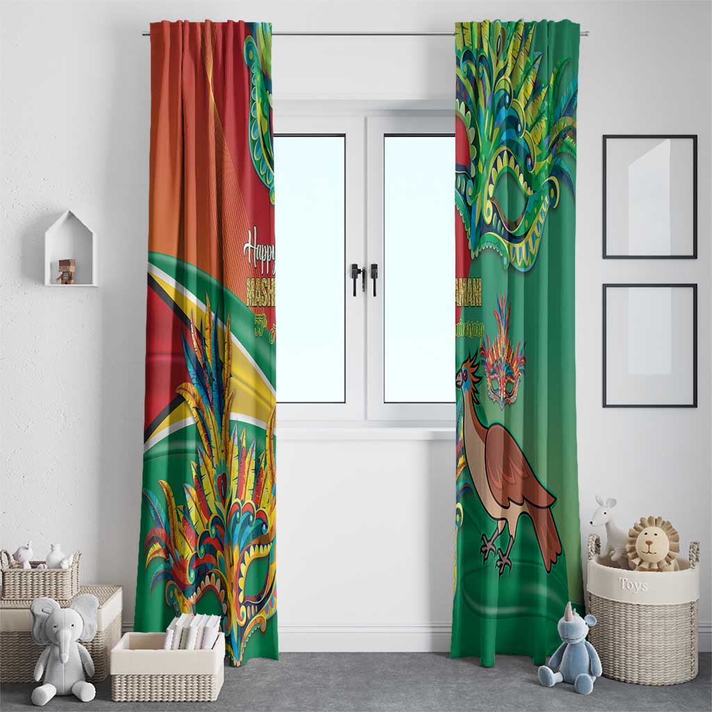 Pair of Guyana-themed window curtains in red and green with bird mask artwork