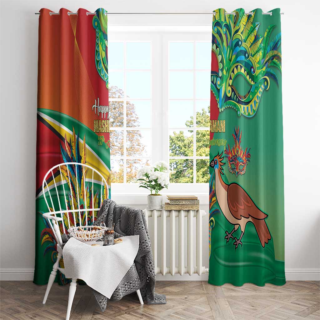 Red and green window curtain panels with bird figure and ornate mask print