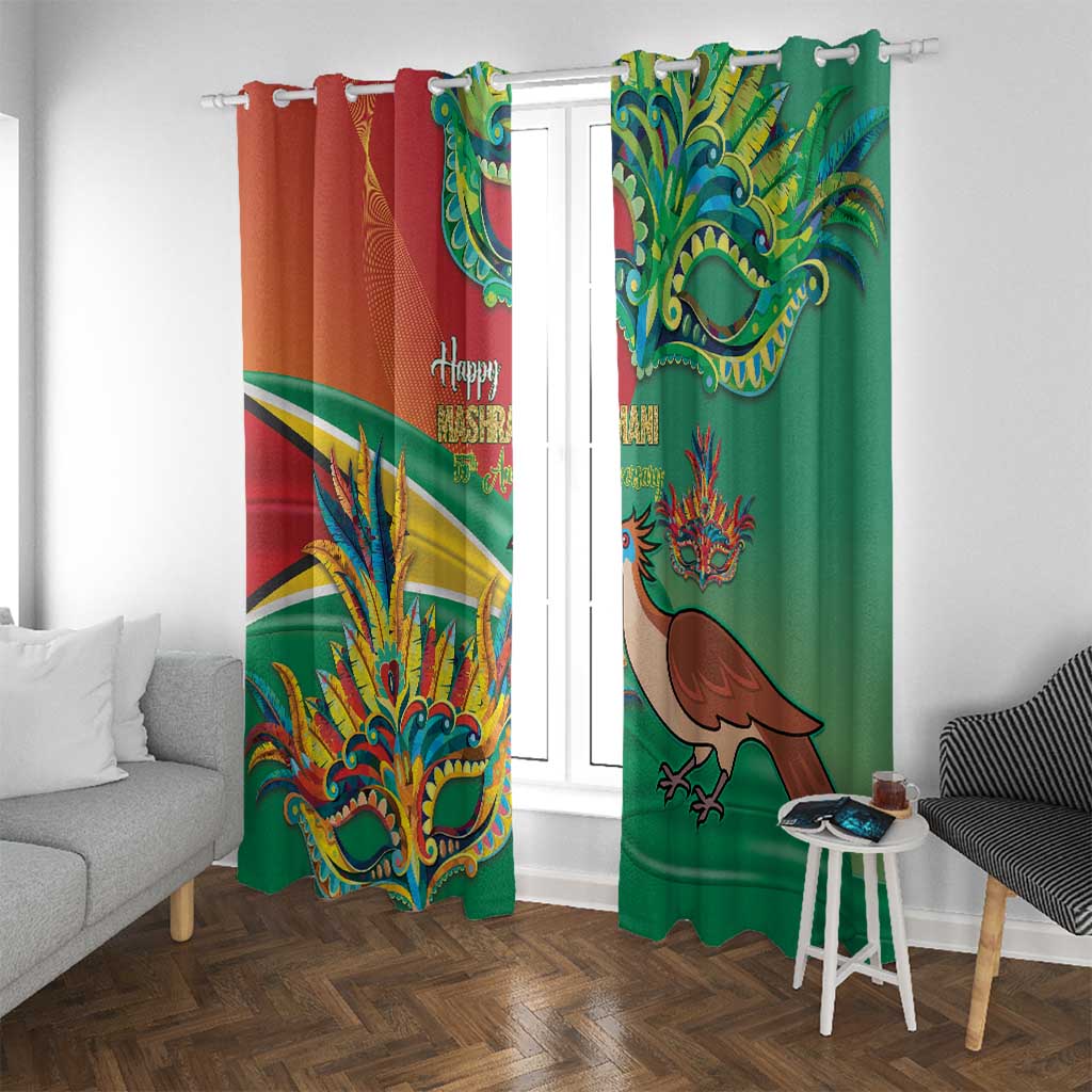 Hanging window curtain pair in red and green with bird, mask, and feather artwork