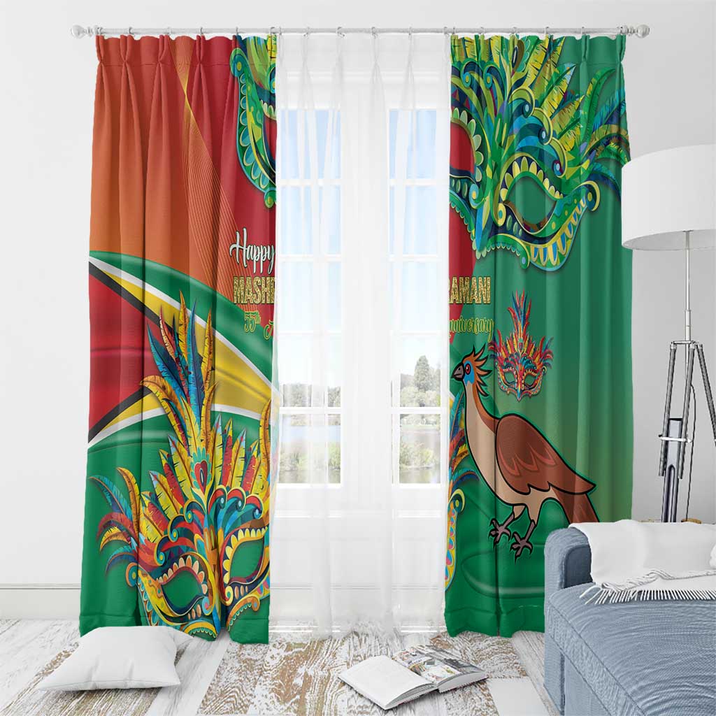 Red and green window curtain panels with bird and mask print, set on white rod
