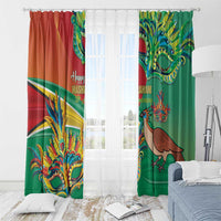 Red and green window curtain panels with bird and mask print, set on white rod