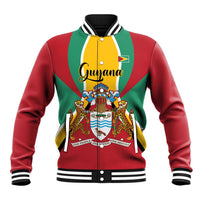 Red varsity baseball jacket with Guyana crest, green/yellow panels, striped collar and cuffs