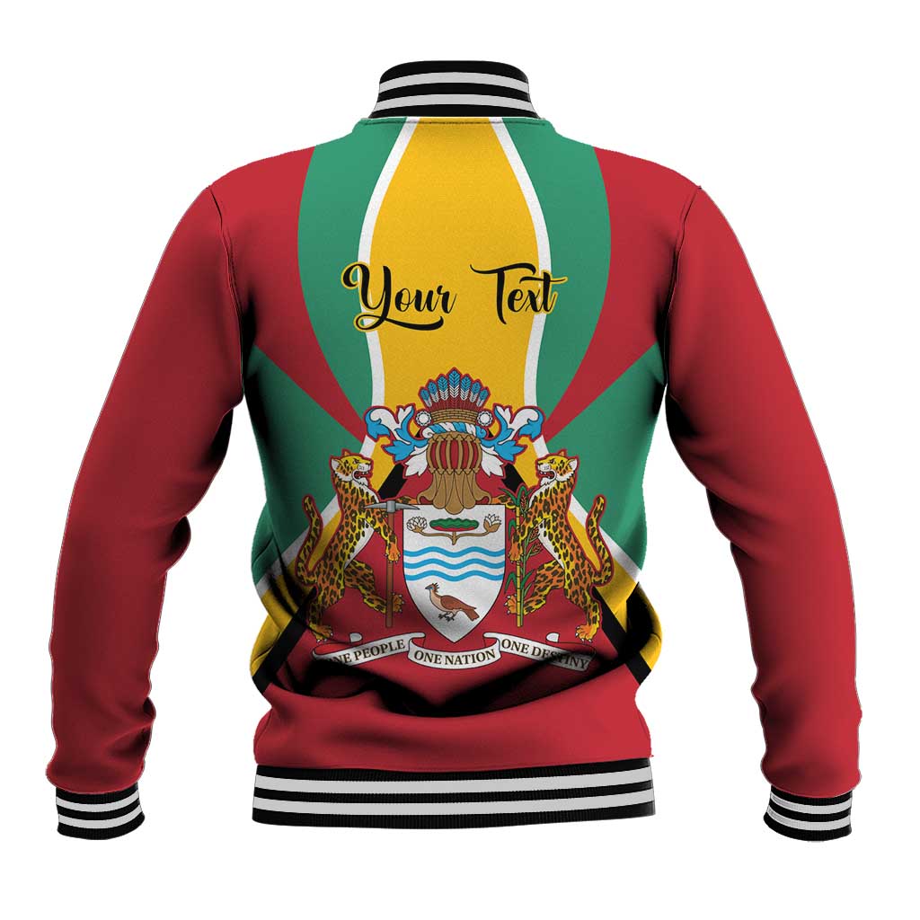 Back view red varsity baseball jacket with Guyana crest and 'Your Text' lettering, striped rib trim