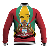 Back view red varsity baseball jacket with Guyana crest and 'Your Text' lettering, striped rib trim