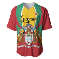 Red baseball jersey with Guyana script, flag stripes, and coat of arms crest front