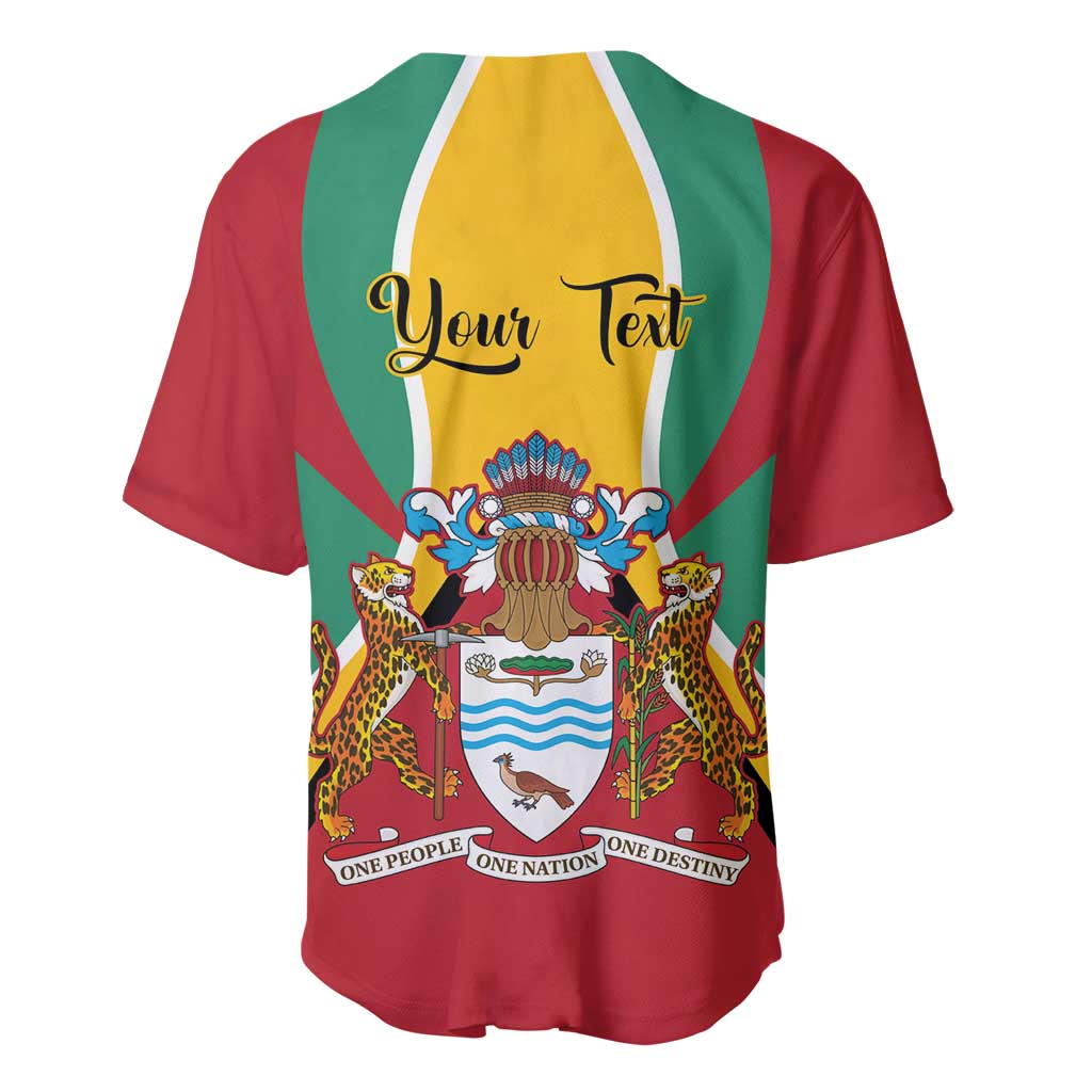 Red baseball jersey with 'Your Text' script, flag stripes, and coat of arms crest front