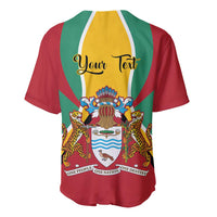 Red baseball jersey with 'Your Text' script, flag stripes, and coat of arms crest front