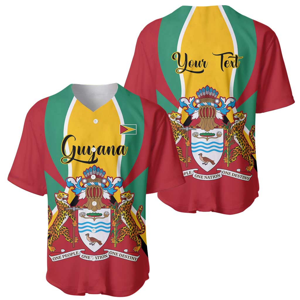 Red baseball jerseys, one with Guyana script and one with 'Your Text', coat of arms crest